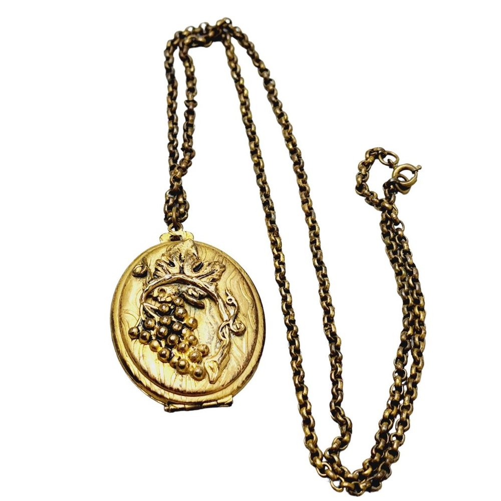 Vintage Art Nouveau Brass Locket Necklace w/ Pictures (A1322)